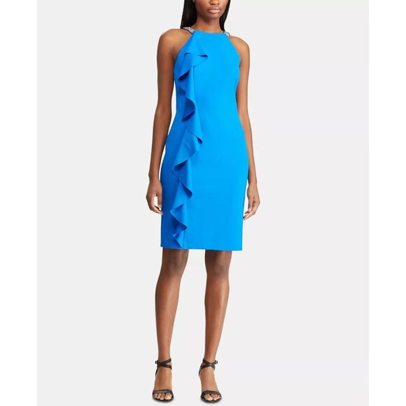 Lauren | Ralph Lauren Women's Sleeveless Ruffle Trim Crepe Dress 10 - Picture 2 of 7
